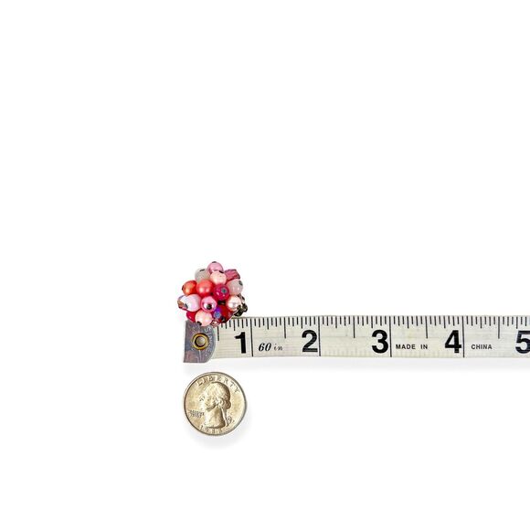 Vintage Earrings Clip On Round Cluster Pink White AB Beads Silver Tone Japan - Picture 5 of 5